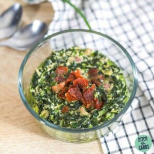 keto creamed spinach in a small glass bowl