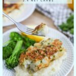 keto fried-fish on a white plate with broccoli