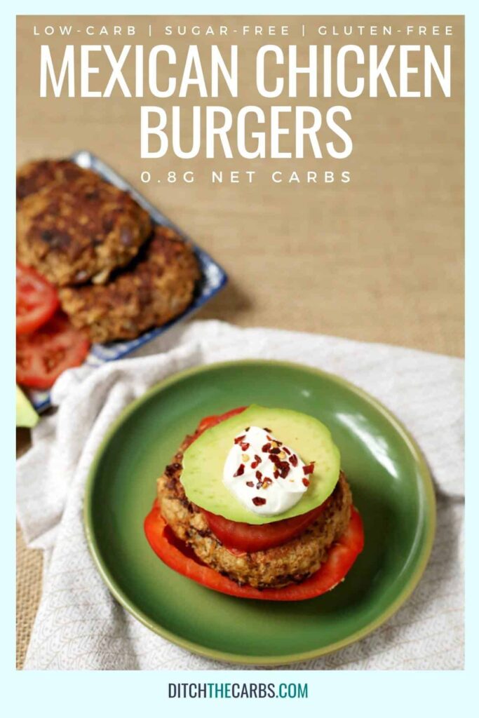 Low-carb Mexican chicken burger served with red pepper tomato avocado and cream cheese