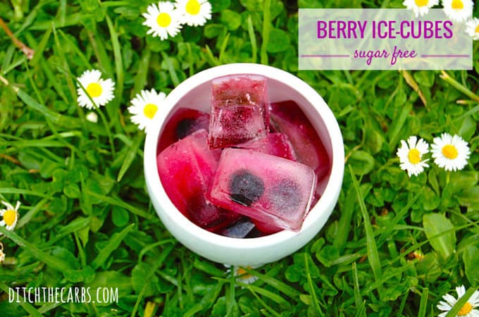 Ice blocks with frozen berries in a white dish sitting on the grass