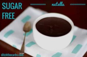 Sugar-Free Nutella on a folded blue and white napkin with silver spoon