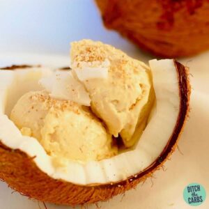 sugar-free coconut ice-cream served in a coconut shell