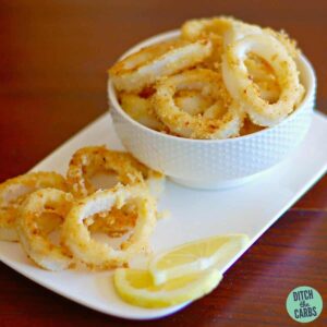 Paleo calamari rings in a white bowl