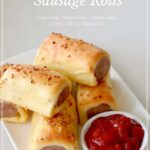Fat Head sausage rolls served on a white plate with salsa as one of 35 best low-carb snack ideas