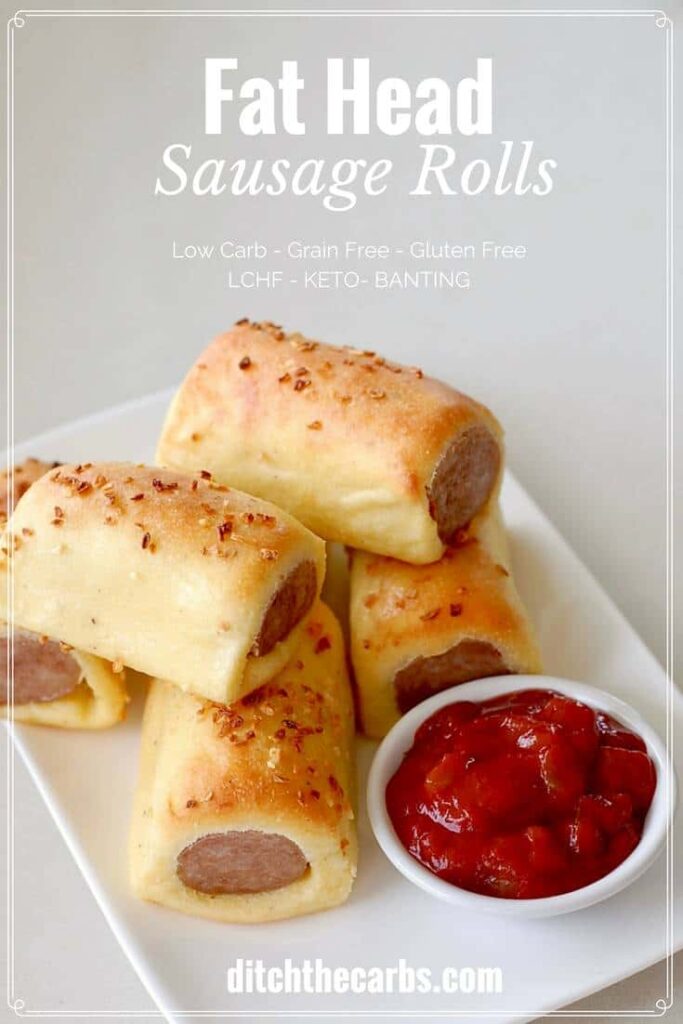 Fat Head sausage rolls served on a white plate with salsa as one of 35 best low-carb snack ideas