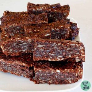 sugar-free chocolate bars stacked on a white plate