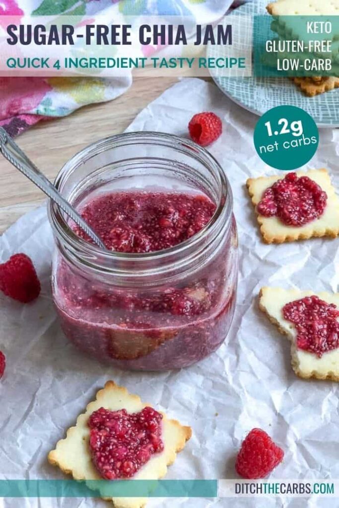 chia seed jam in a mason jar with a spoon with shortbread cookies on the side topped with chia jam