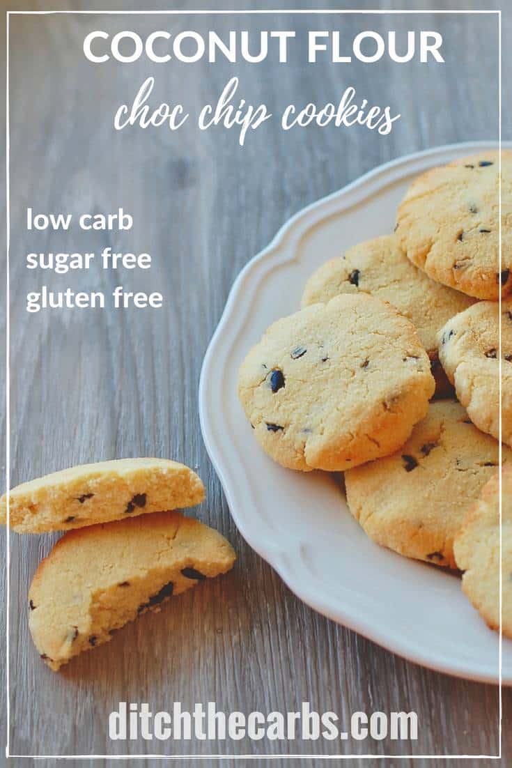 Quick and easy sugar free, gluten free, coconut flour chocolate chip cookies. | ditchthecarbs.com