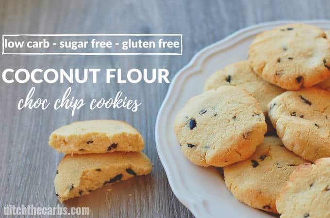 Quick and easy sugar free, gluten free, coconut flour chocolate chip cookies. | ditchthecarbs.com