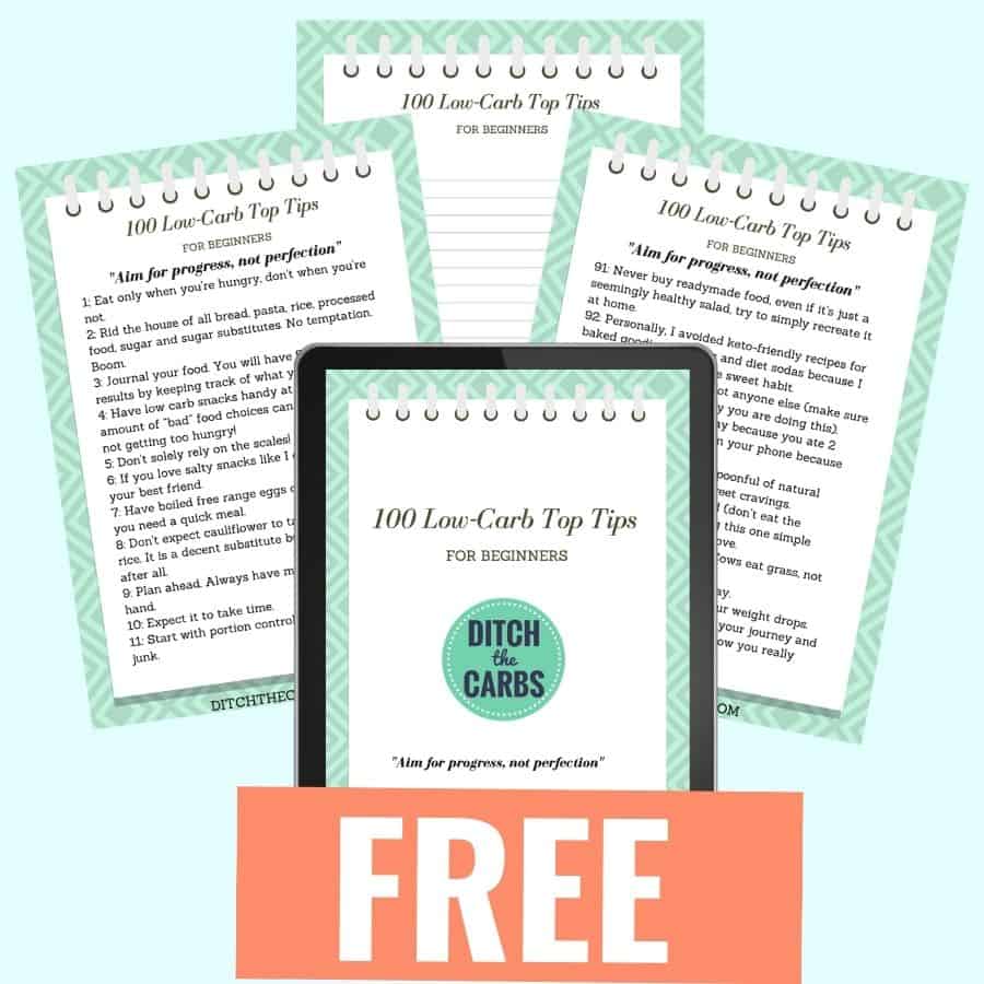 Mockup pages from the free low-carb ebook with 100 tips