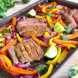 colourful keto fajitas on a sheet pan