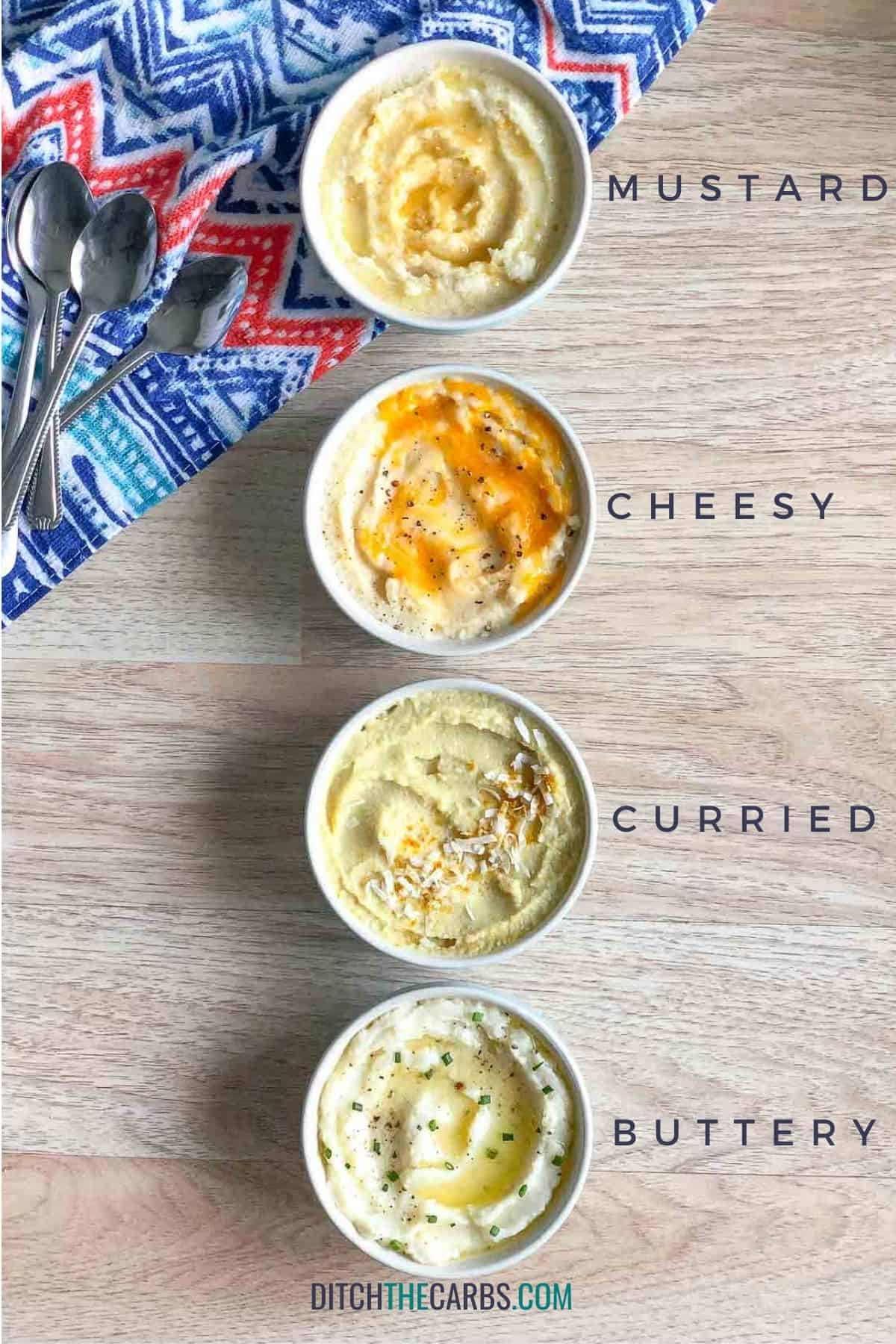 four pots of mashed cauliflower with different flavours