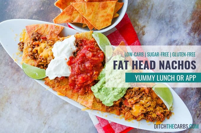 Fat head nachos served with sour cream guacamole and salsa