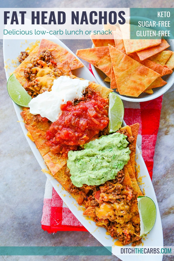 Nachos made with fat head dough on a white platter