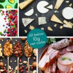best low-carb snacks and keto snack collage shwoing nuts, cheese and meats