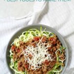 zucchini noodles or zoodles with bolognese sauce in a bowl