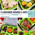 A plastic container filled with different types of food, with Lunchbox and Kebabs