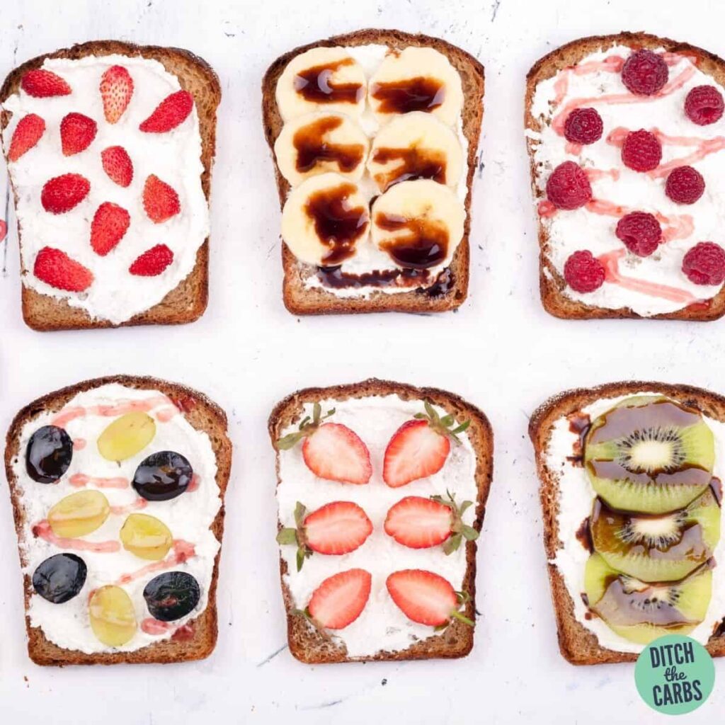 Various slices of toast with high sugar toppings