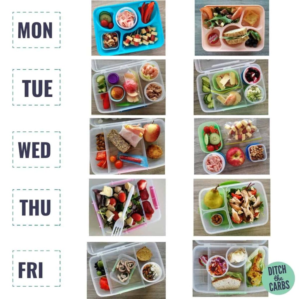 A collage of 1 week of low-carb lunch box ideas