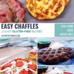 Collage of various images showing how to serve chaffles that are sweet, savory, chocolate and pizza