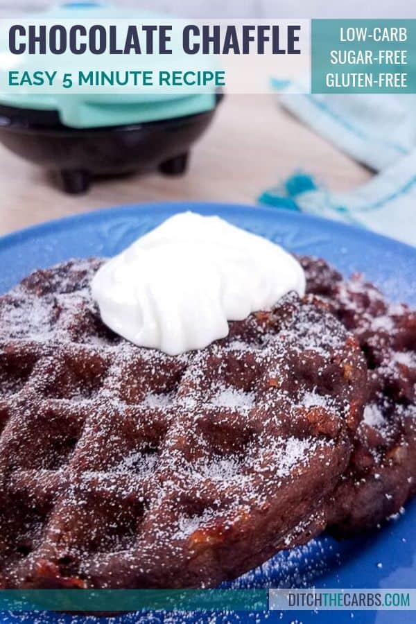 Chocolate chaffles on a blue plate