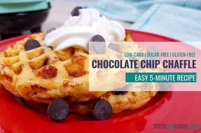Chocolate chi chaffles served with whipped cream and sugar-free chocolate chips