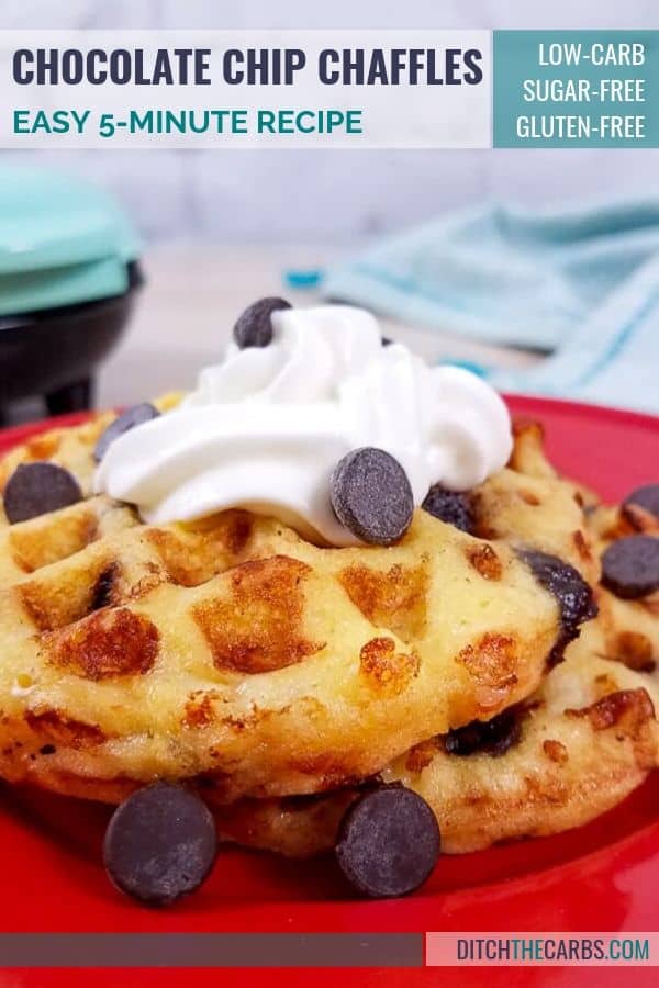 Chocolate chip chaffles served with whipped cream on a plate for a best low-carb snack