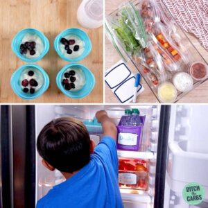 Inside the fridge with various lunchbox meal prep boxes