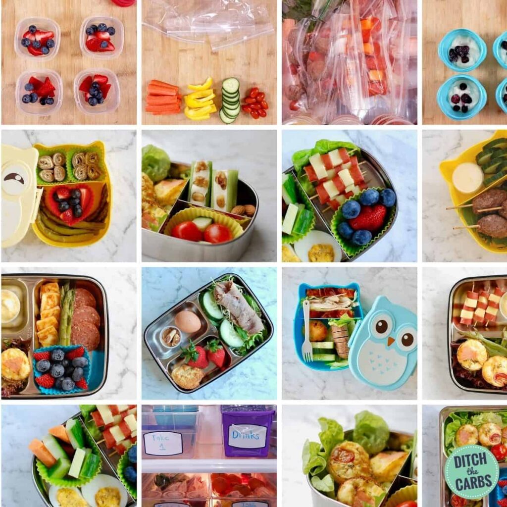 collage of healthy lower-carb lunch boxes