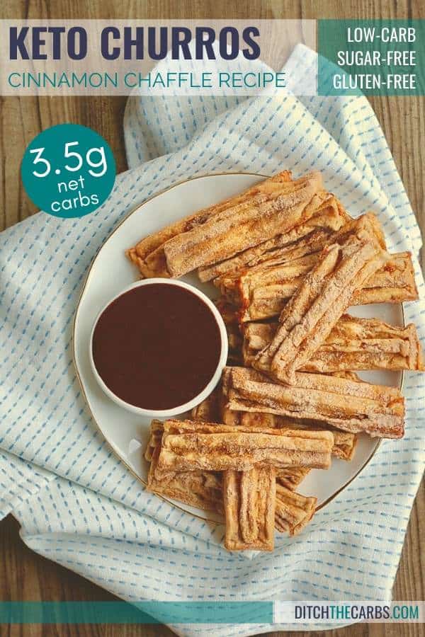 Keto Cinnamon Churro Chaffles served on a plate with chocolate dipping sauce on a wooden background
