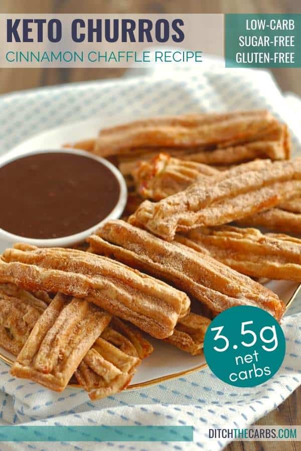 Keto Cinnamon Churro Chaffles served on a plate with chocolate dipping sauce