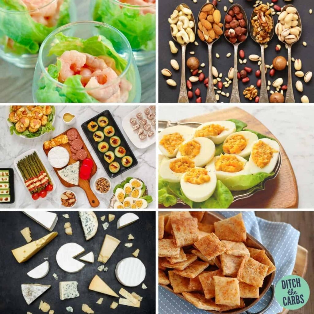 best low-carb snacks collage showing nuts and cheese