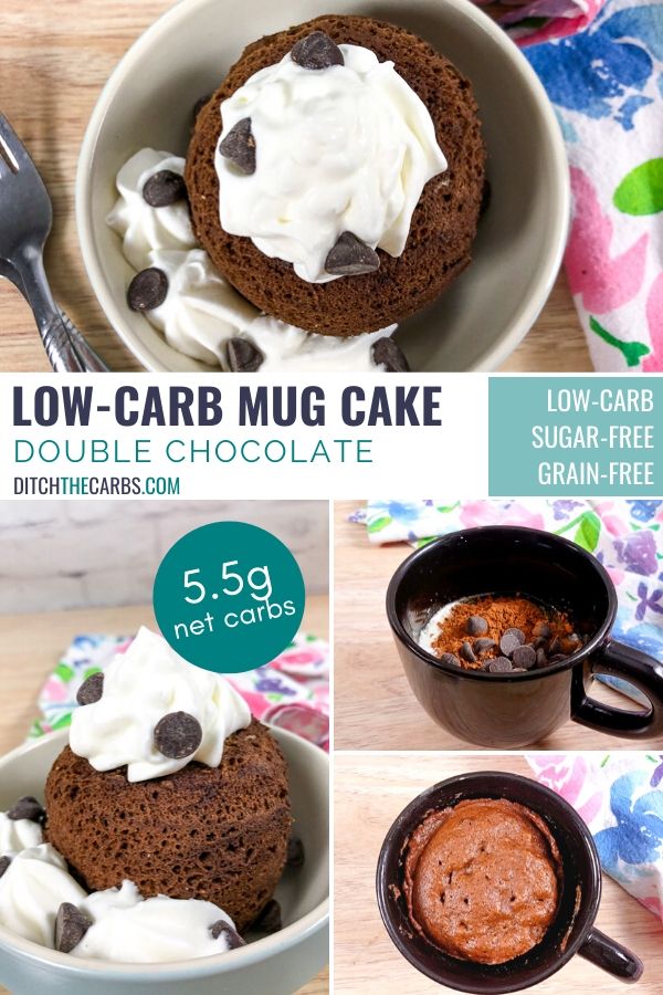 A variety of double chocolate low-carb mug cake pictures with a cooked mug cake and the uncooked batter.