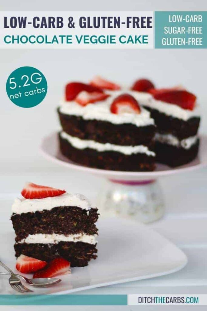 Low-Carb Chocolate Zucchini Cake served with whipped cream and berries sliced on a cake stand