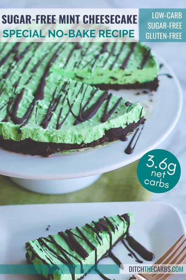 No-Bake Sugar-Free Mint Cheesecake drizzled with chocolate sliced and served on a white cake stand