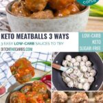 Keto meatballs being served in sweet and sour sauce, spicy garlic sauce, and a creamy goat cheese sauce.