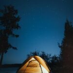 Keto camping food list with image of tent at night