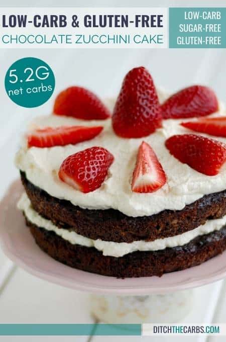 Low-Carb Chocolate Zucchini Cake served with whipped cream and berries on a white plate with strawberries