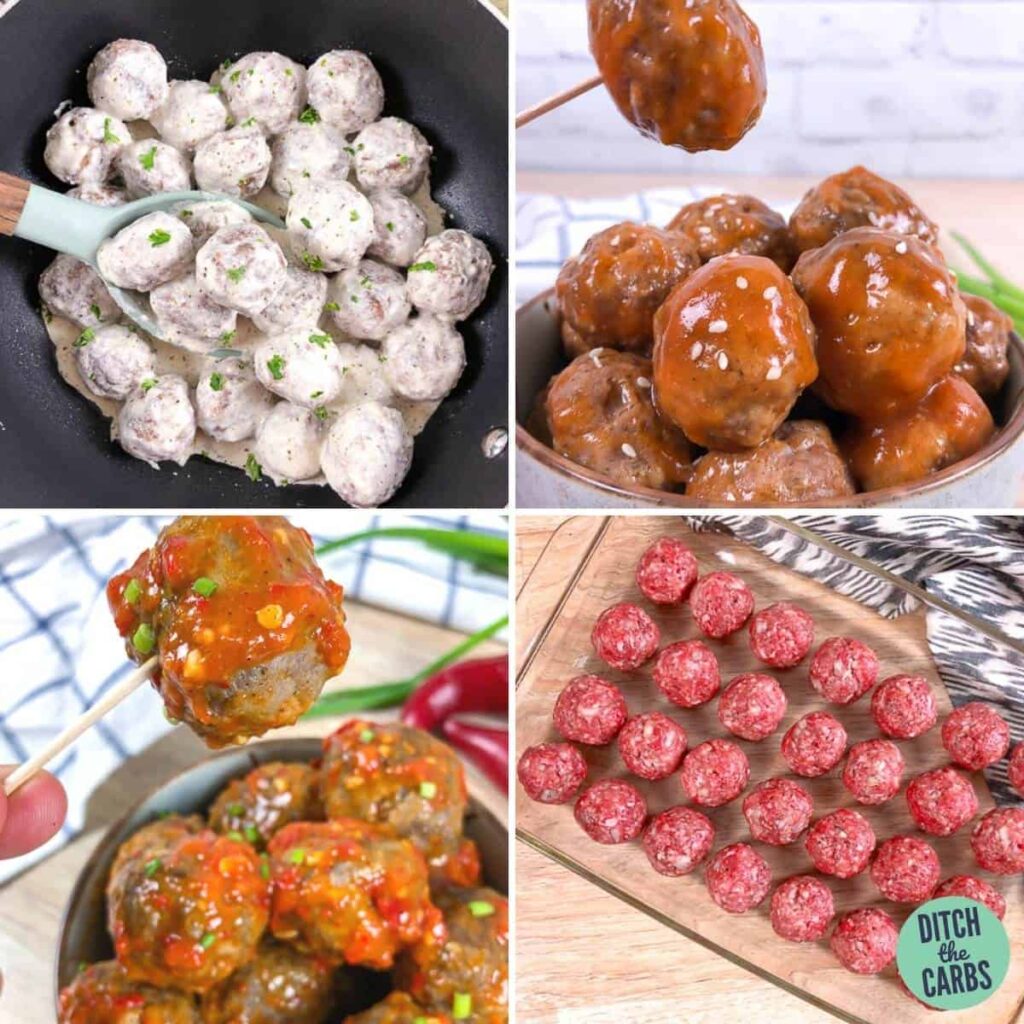 Keto meatballs being served in a sweet and sour sauce, a creamy goat cheese sauce, and a spicy garlic sauce.