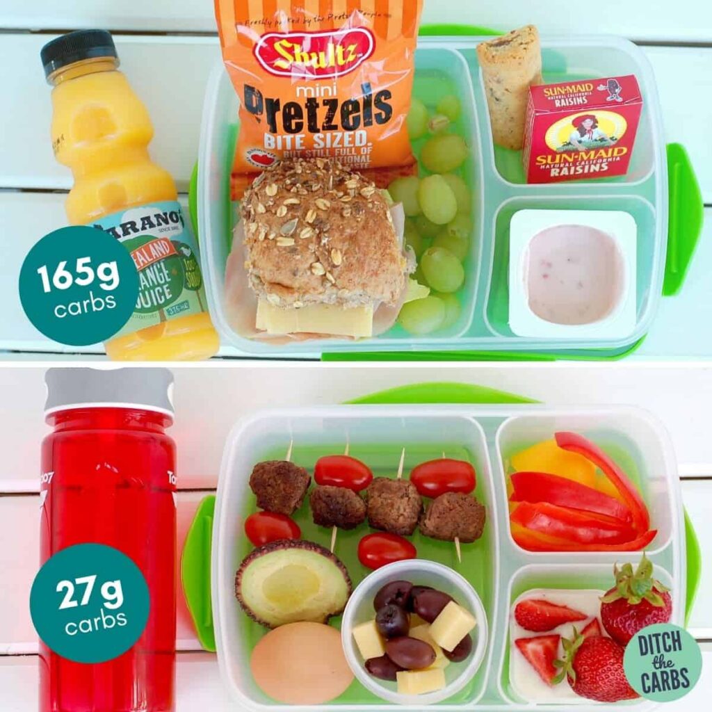 comparing 2 lunch boxes with their carb count to show low-carb lunches are heathy