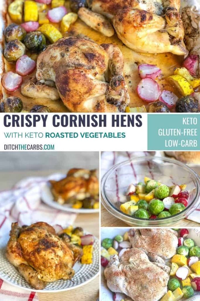 Collage of images showing how to serve keto crispy cornish hens