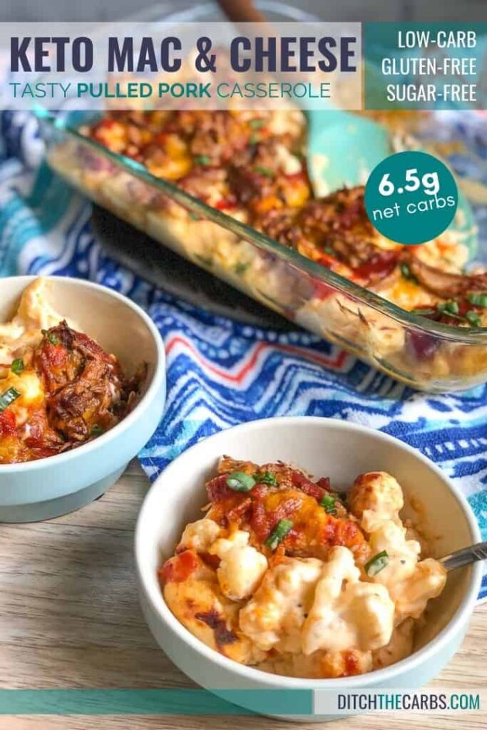 pulled pork mac and cheese in a glass casserole dish and coloured table cloth