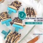 keto peanut butter ice cream blocks sitting on a glass dish and a blue cloth
