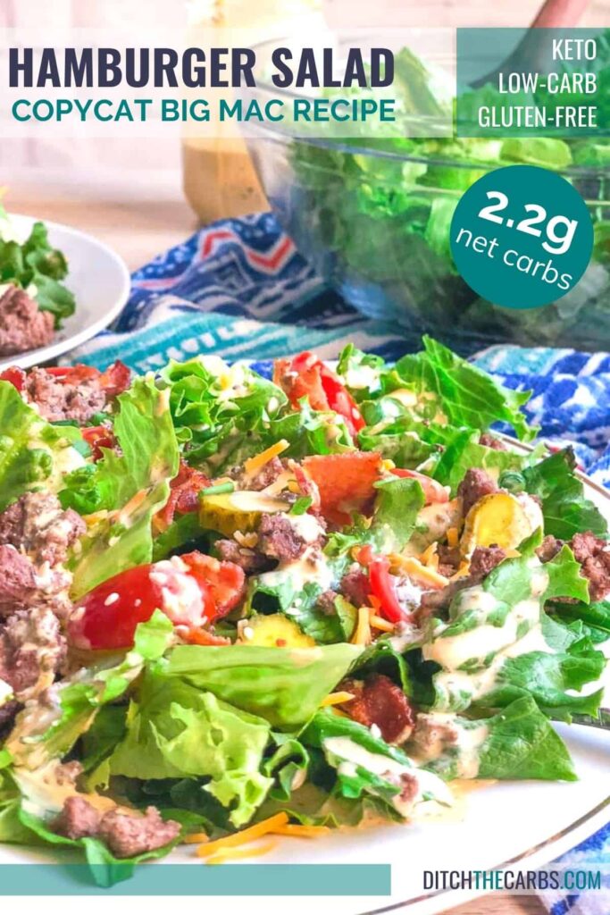 keto hamburger salad on a white plate and blue cloth