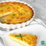 sliced keto smoked salmon quiche with a white plate