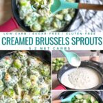 A collage of pictures showing creamed brussels sprouts being make. One shows a spoon lifting some of the sprouts out of a skillet. The others show the cheese sauce being made.