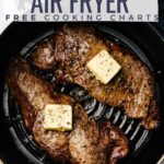 close up of an air fryer cooking 2 steaks
