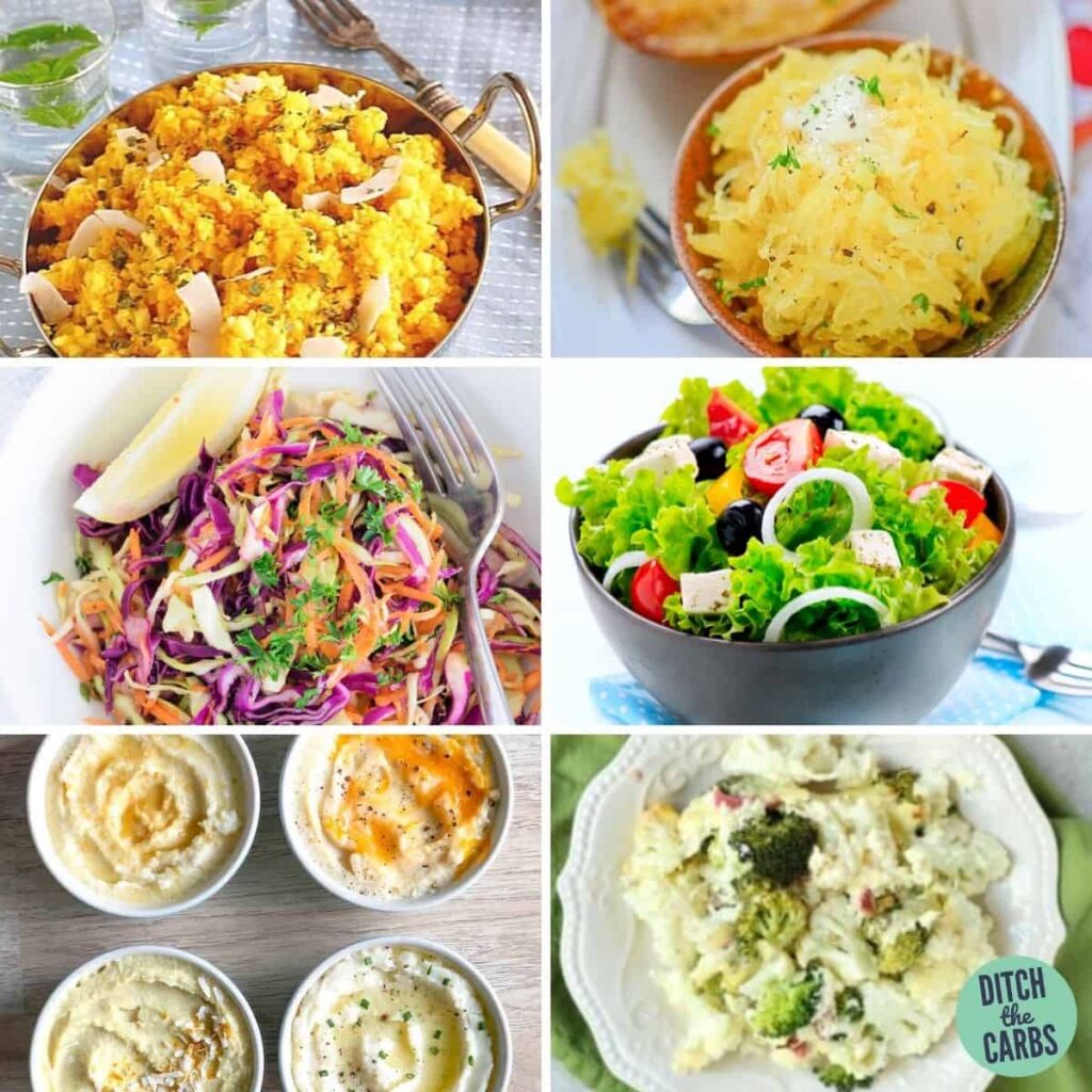 collage of 21 healthy side dishes for salmon