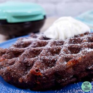 Chocolate chaffles on a blue plate