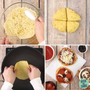 Images showing how to make keto pizza pancakes with mozzarella dough